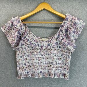 LoveShackFancy Smocked Saba‎ Crop Top Floral Ruffle Blouse White Purple Size XL